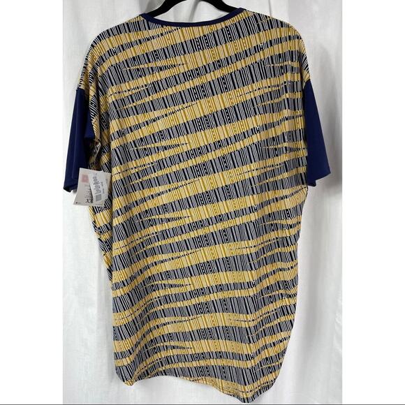LuLaRoe Irma Top Striped Oversized Short Sleeve Blue Yellow - Picture 2 of 6